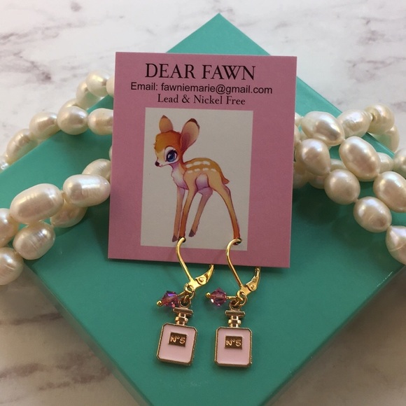 New Tiny Chanel N•5 Pink Perfume Bottle Hypoallergenic Gold Earrings - Picture 5 of 7